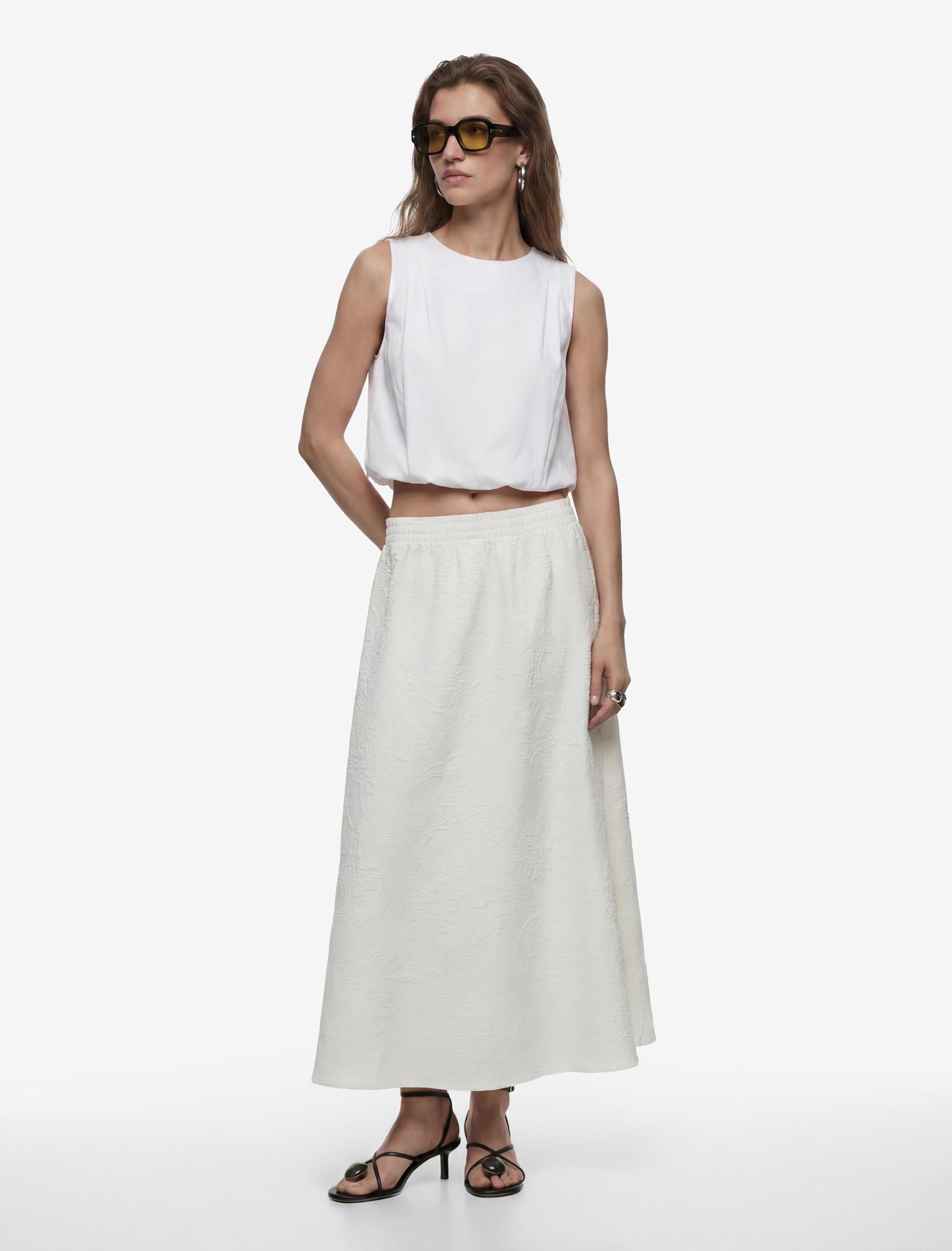   Beli Lastikli A Kesim Midi Floral Dokulu Etek