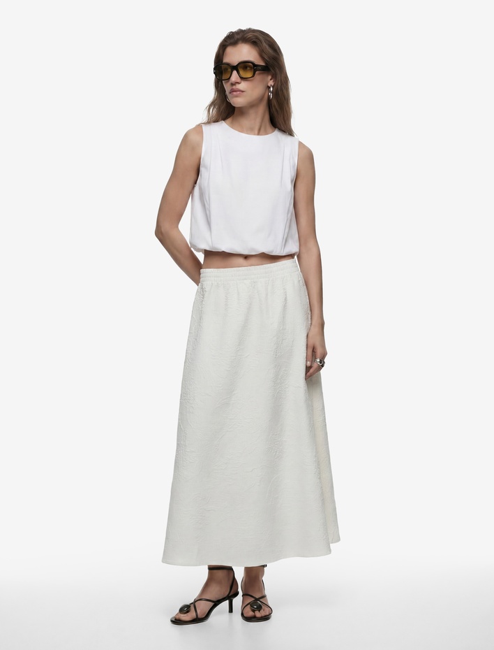  Beli Lastikli A Kesim Midi Floral Dokulu Etek