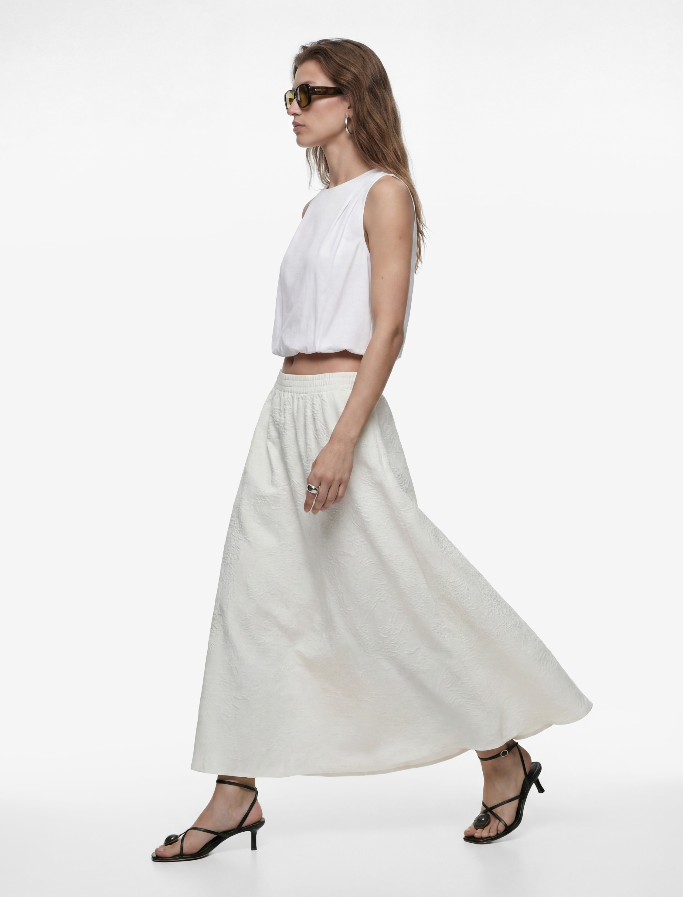   Beli Lastikli A Kesim Midi Floral Dokulu Etek