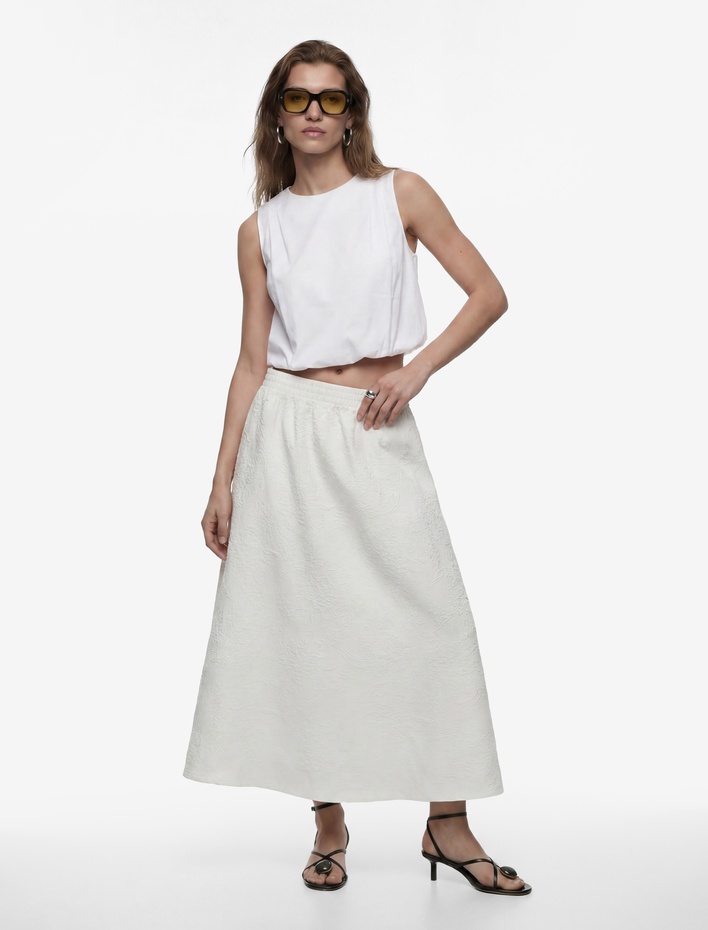  Beli Lastikli A Kesim Midi Floral Dokulu Etek