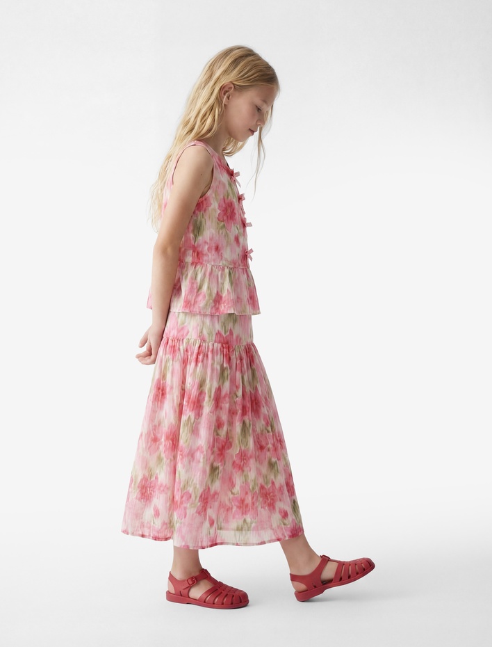 Kız Çocuk Viskon A Kesim Pileli Çiçek Desenli Viskon Midi Etek