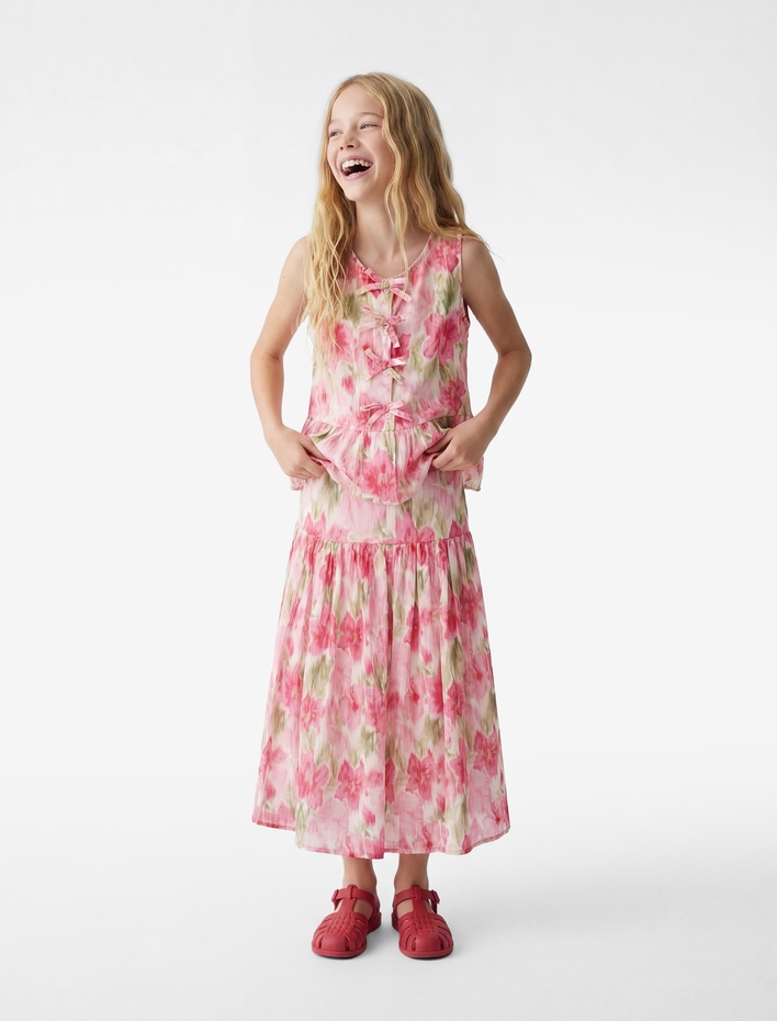 Kız Çocuk Viskon A Kesim Pileli Çiçek Desenli Viskon Midi Etek