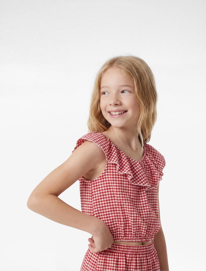 Kız Çocuk Fırfırlı Kolsuz Düşük Omuz Ekoseli Crop Bluz