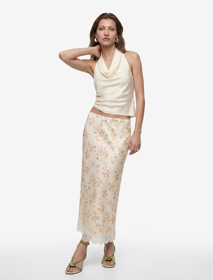  Dantel Detaylı Çiçekli Kloş Midi Saten Etek