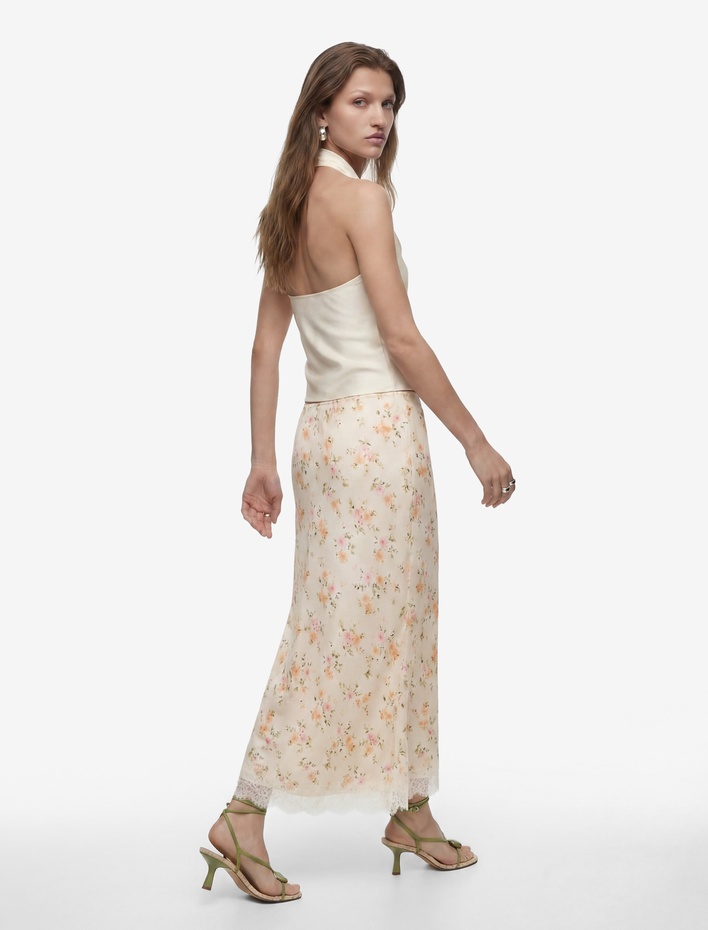  Dantel Detaylı Çiçekli Kloş Midi Saten Etek