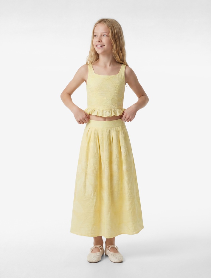 Kız Çocuk Rahat Kesim Pileli Cepli Viskon Karışımlı Desenli Midi Etek