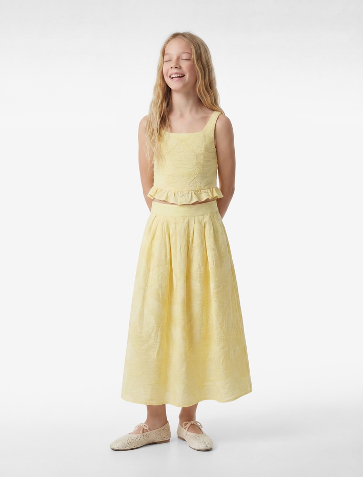 Kız Çocuk Rahat Kesim Pileli Cepli Viskon Karışımlı Desenli Midi Etek