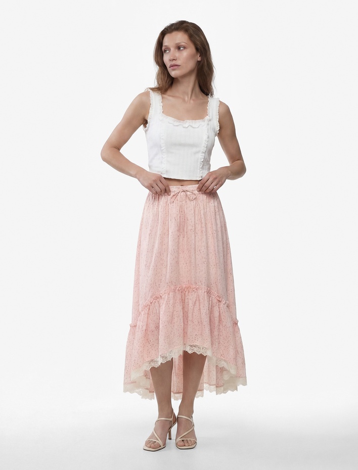  Beli Lastikli Bağlamalı Fırfırlı Dantel Detaylı Asimetrik Çiçekli Midi Etek