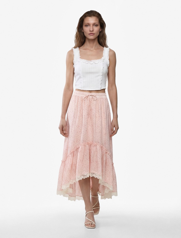  Beli Lastikli Bağlamalı Fırfırlı Dantel Detaylı Asimetrik Çiçekli Midi Etek