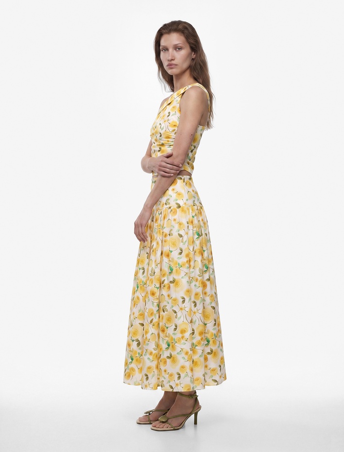  Pamuklu Çan Kesim Midi Boy Çiçekli Poplin Etek