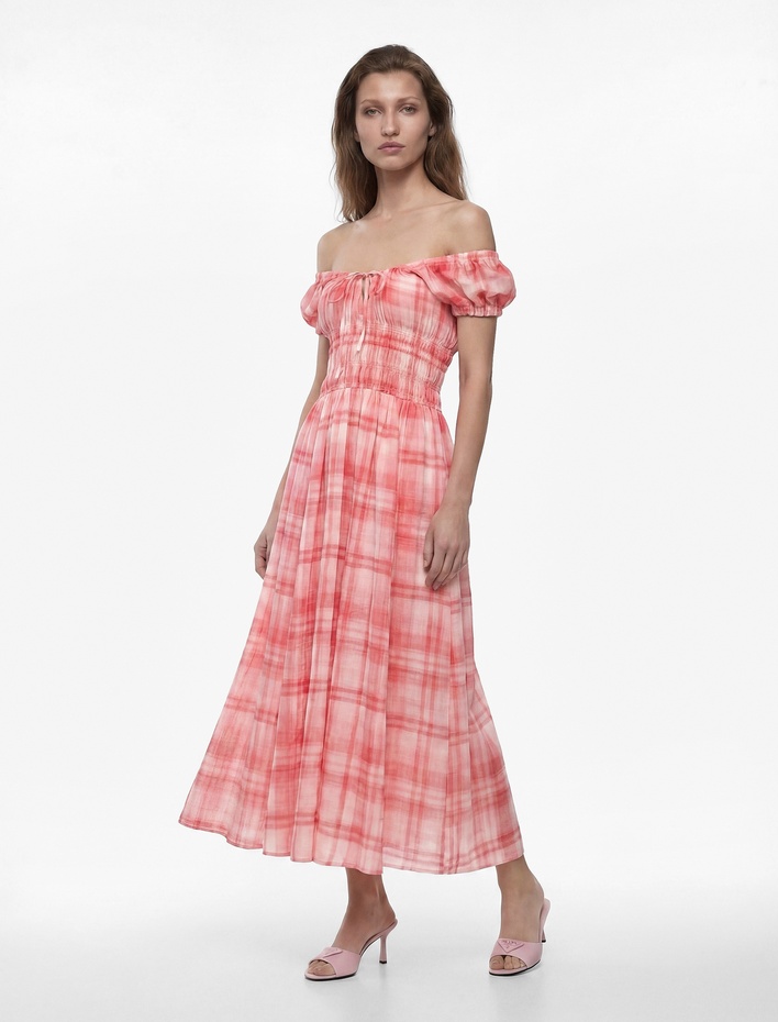  Viskon Kumaş Volümlü Fırfırlı Kısa Kollu Fiyonklu Bağlamalı U Yaka Kareli Uzun Elbise