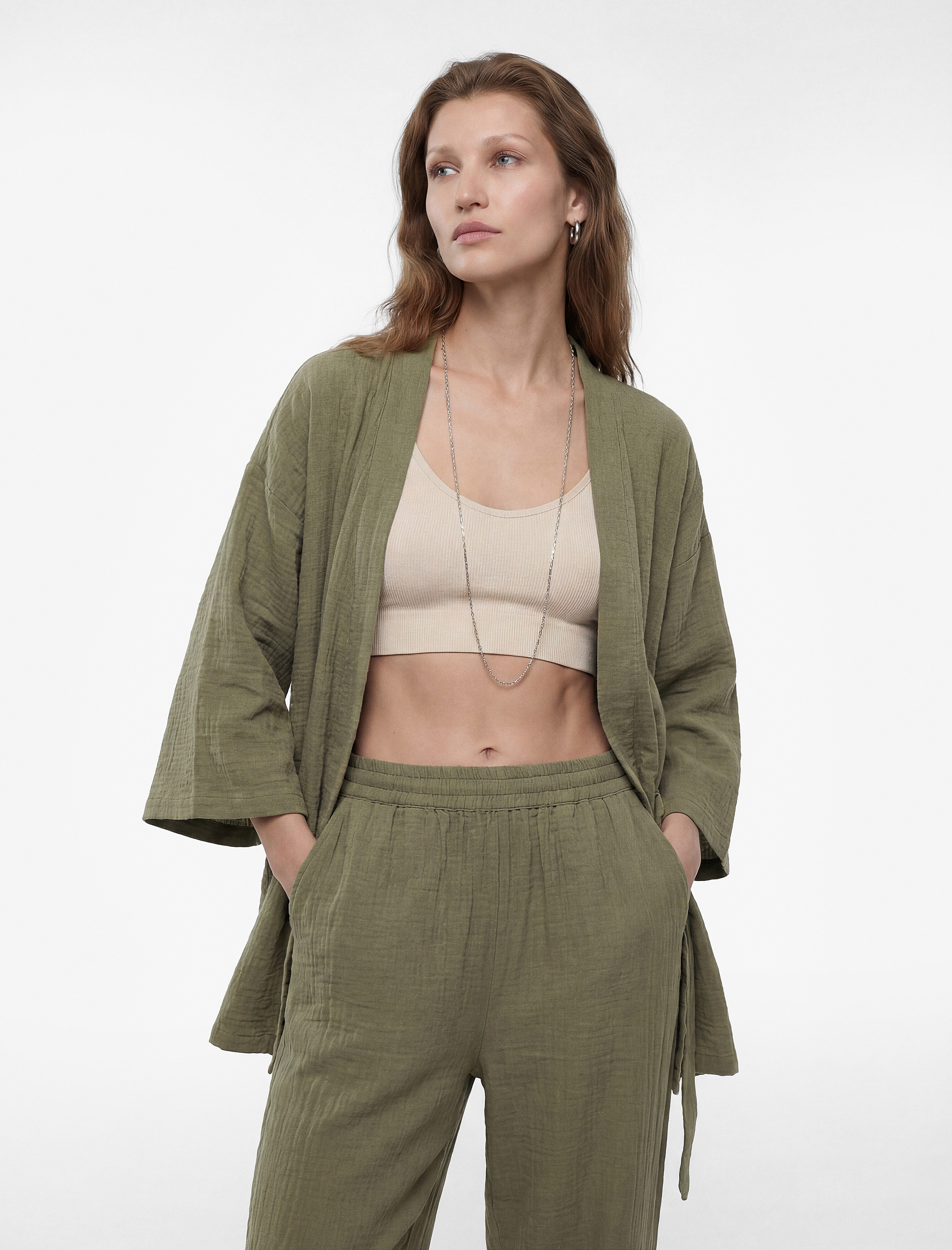   Uzun Kollu Kuşak Detaylı Kruvaze Kimono Ceket