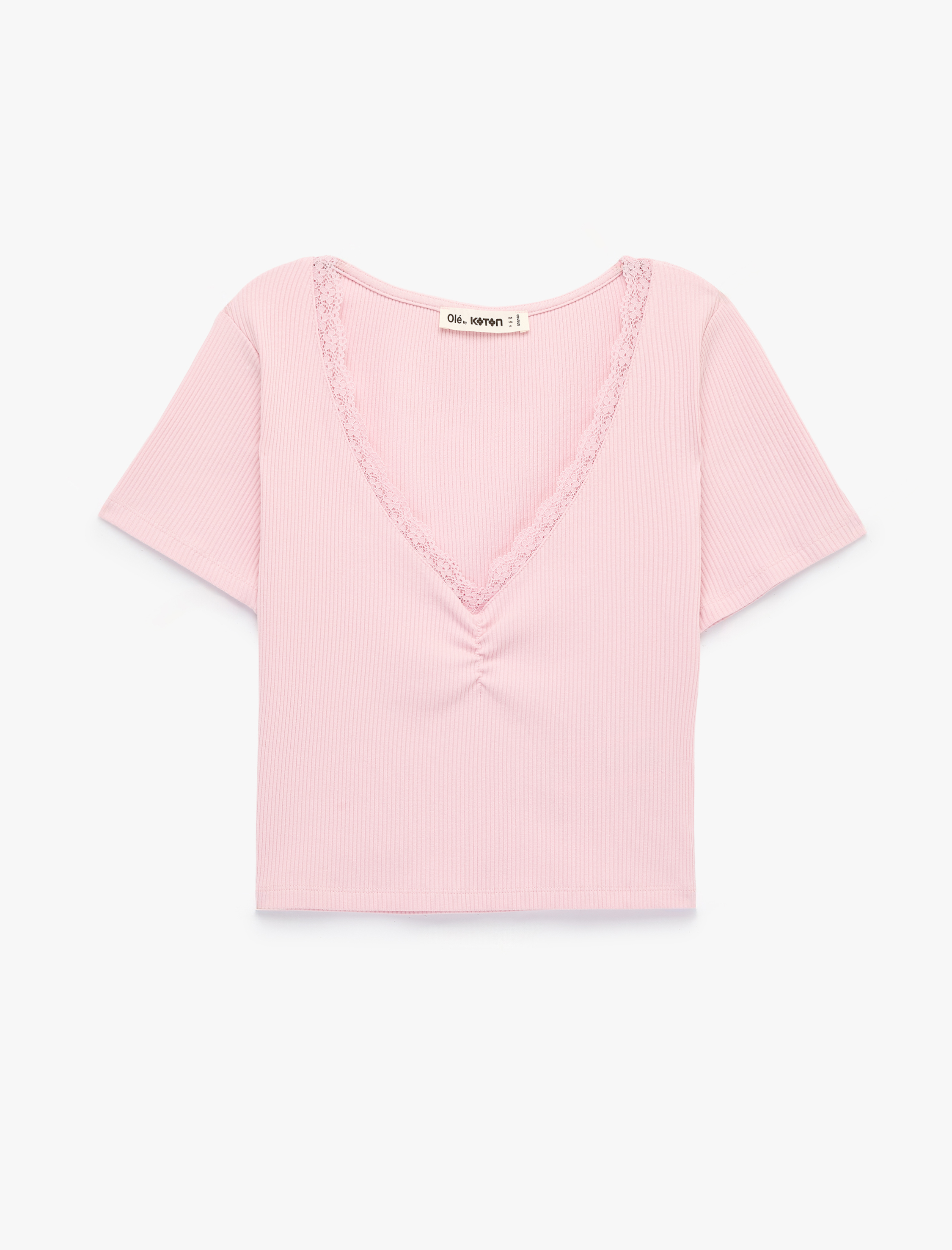   Pamuklu Büzgülü Kısa Kollu Dantel Detaylı V Yaka Tişört