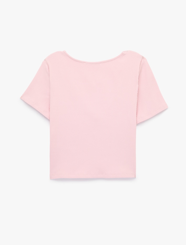  Pamuklu Büzgülü Kısa Kollu Dantel Detaylı V Yaka Tişört