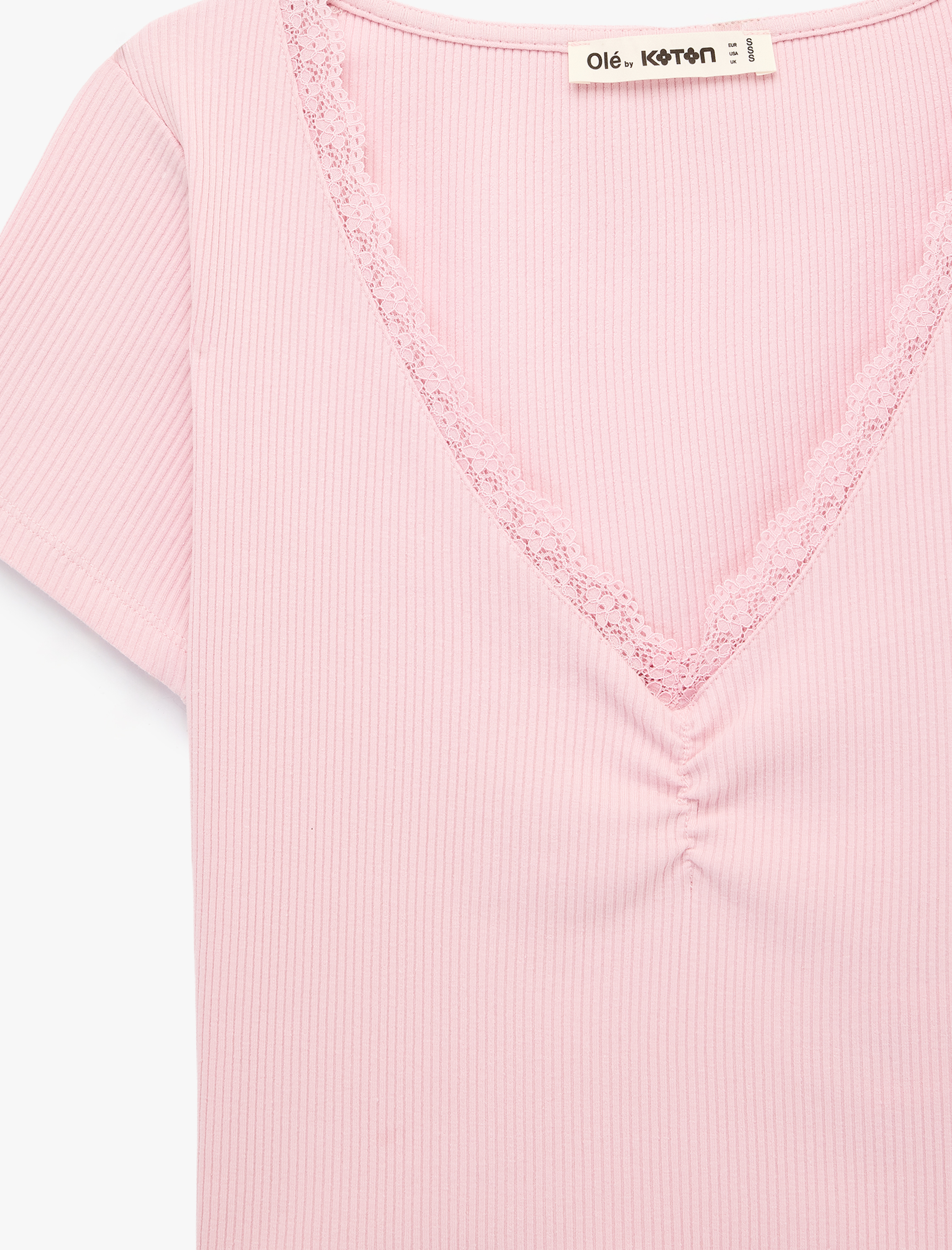   Pamuklu Büzgülü Kısa Kollu Dantel Detaylı V Yaka Tişört