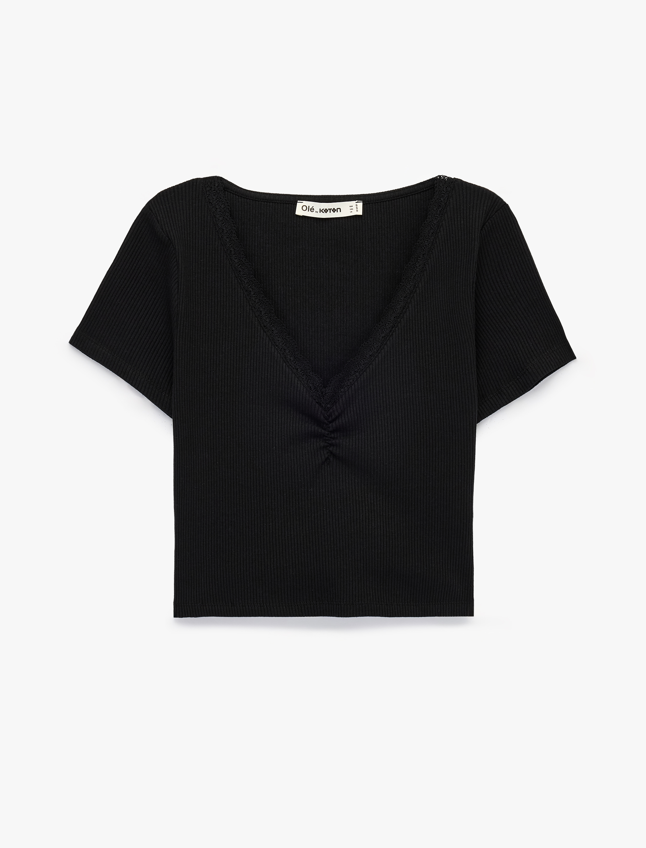   Pamuklu Büzgülü Kısa Kollu Dantel Detaylı V Yaka Tişört