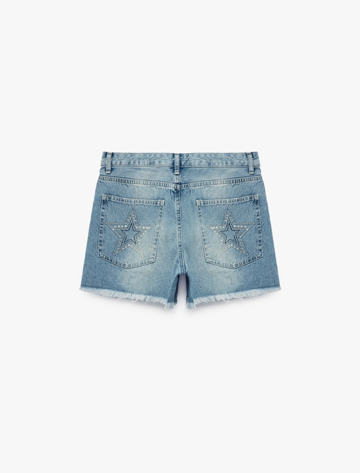  Taş Detaylı Pamuklu Rahat Kalıp Mini Denim Şort