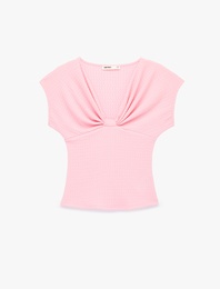 Bürümcük Kumaş Dokulu Slim Fit Kolsuz Düğüm Detaylı V Yaka Tişört