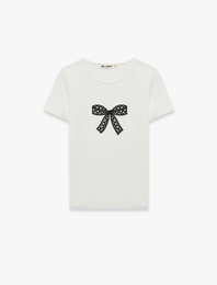Pamuklu Slim Fit Kısa Kollu Bisiklet Yaka Fiyonk Baskılı Tişört