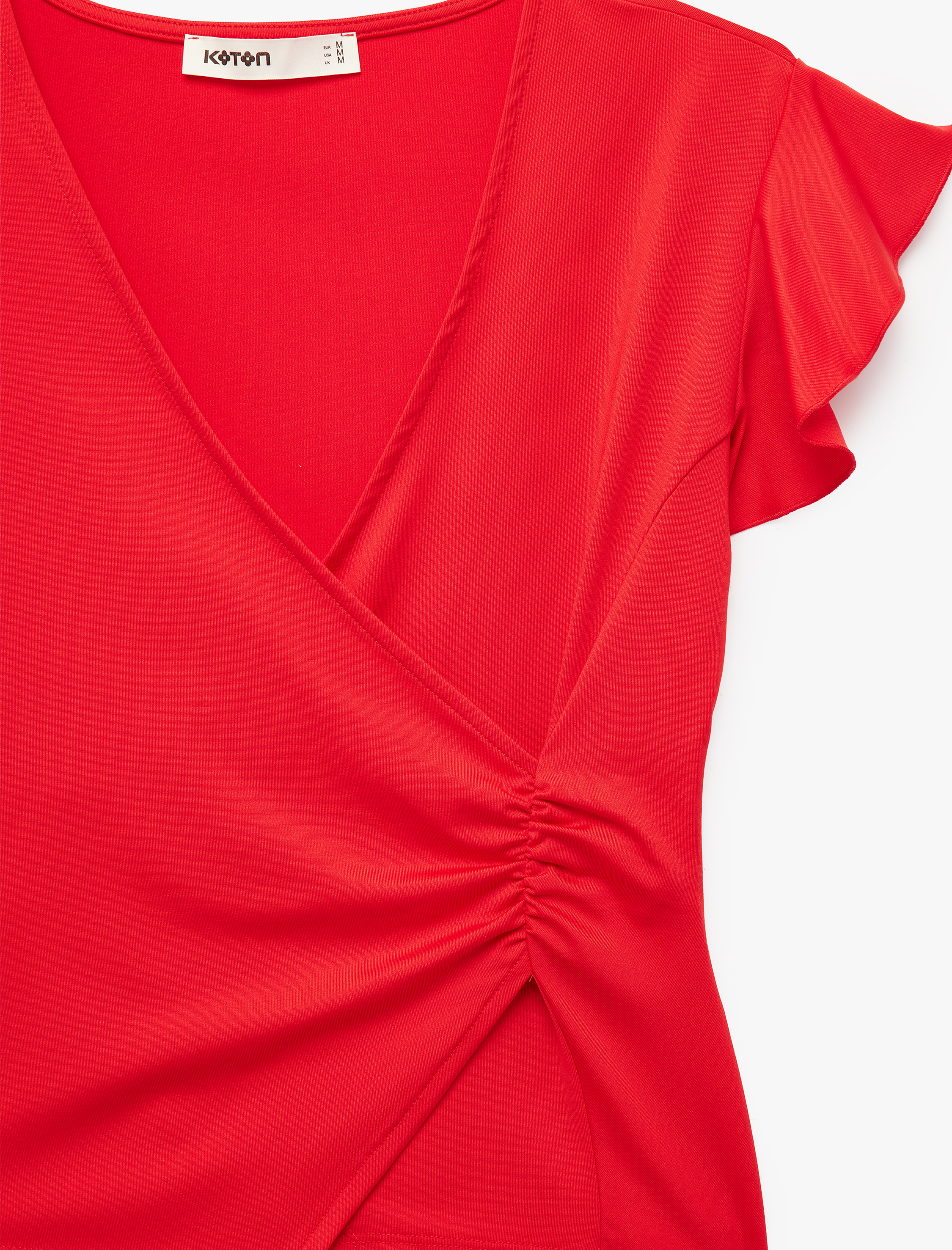   Slim Fit Fırfırlı Kelebek Kollu Kruvaze V Yaka Tişört