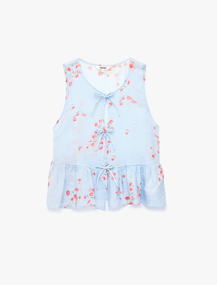  Yuvarlak Bağcıklı Yaka Fiyonklu Kolsuz Çizgili Çiçek Detaylı Fırfırlı Peplum Bluz