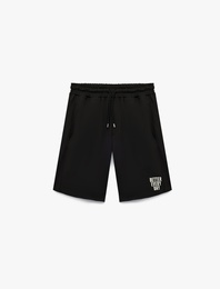 Straight Fit Beli Bağcıklı Baskılı Spor Şort