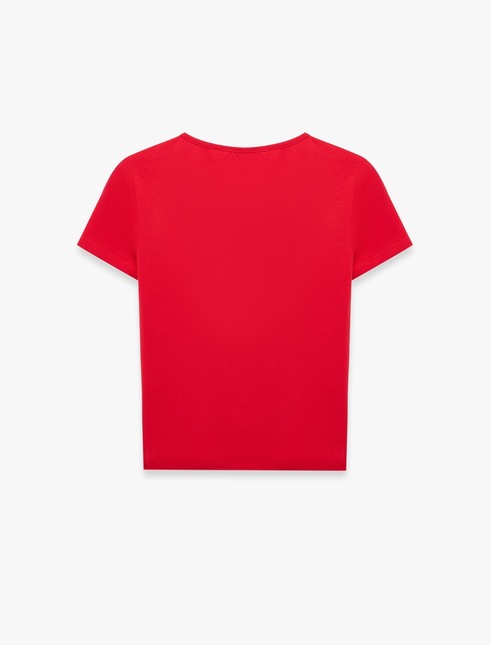  Pamuklu Fiyonklu Bağlamalı Yaka Kısa Kollu Tişört