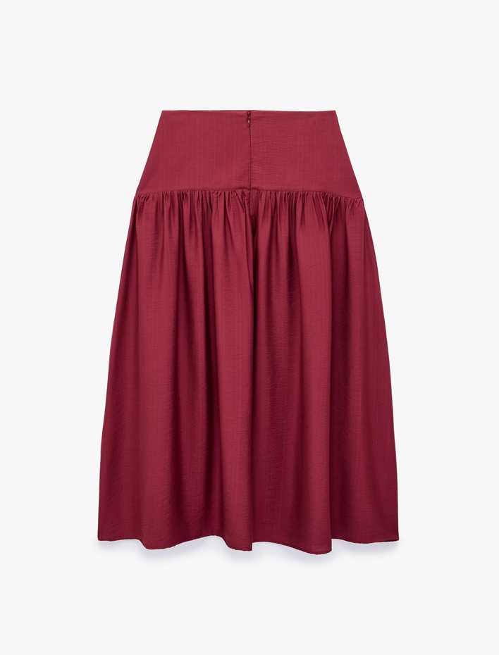  Viskon Modal Kumaş Pileli Çan Kesim Belden Oturtmalı Midi Etek