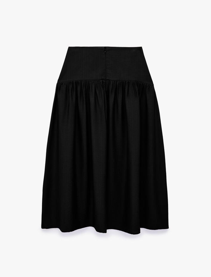  Viskon Modal Kumaş Pileli Çan Kesim Belden Oturtmalı Midi Etek