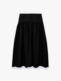 Viskon Modal Kumaş Pileli Çan Kesim Belden Oturtmalı Midi Etek