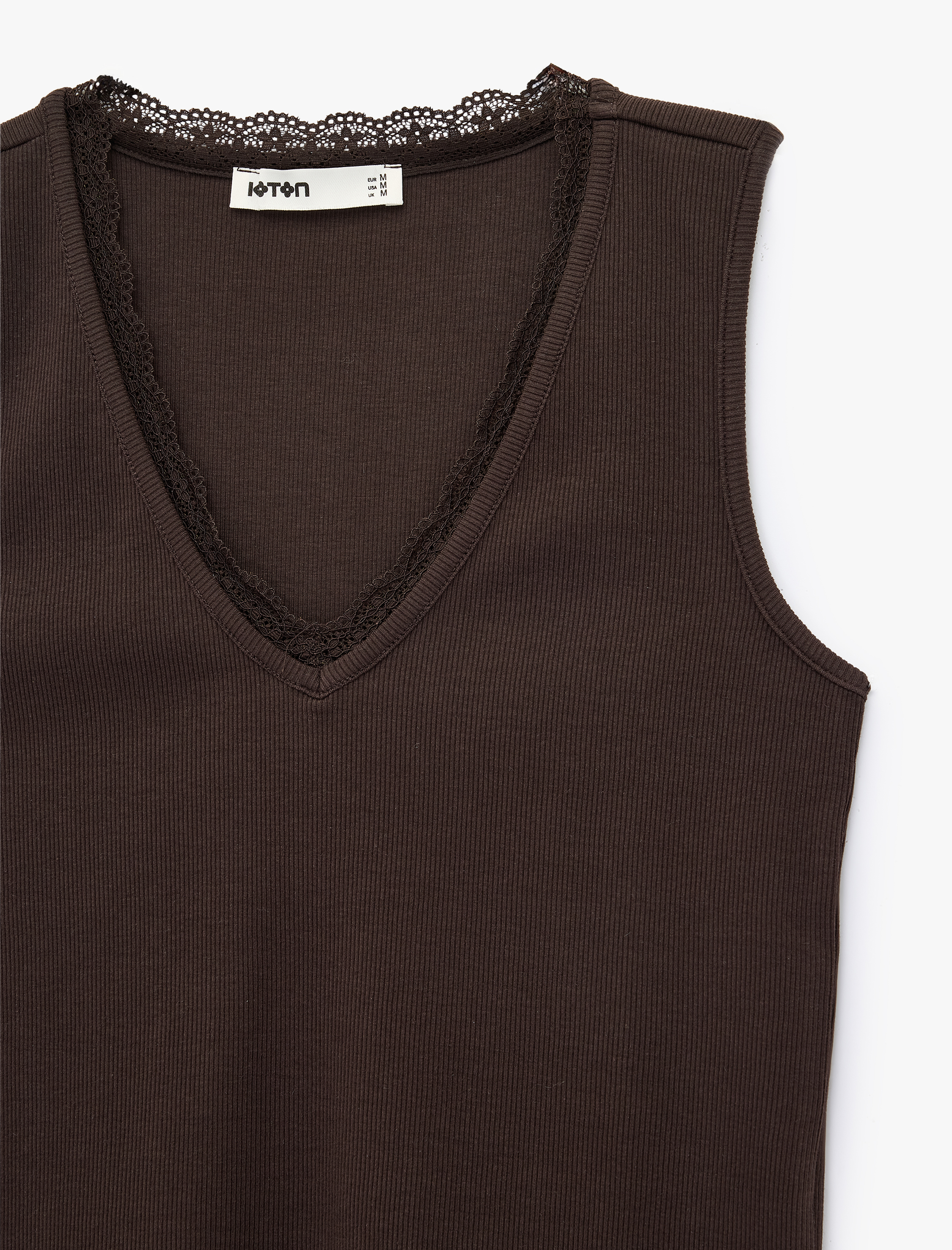   Pamuklu Slim Fit Dantel Detaylı Fitilli Kolsuz V Yaka Bluz