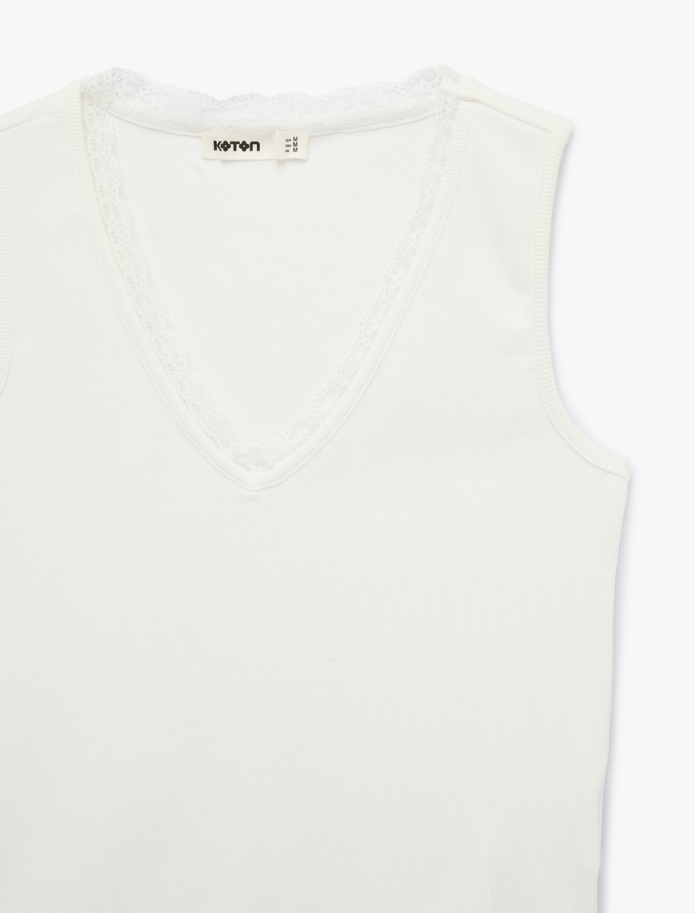   Pamuklu Slim Fit Dantel Detaylı Fitilli Kolsuz V Yaka Bluz