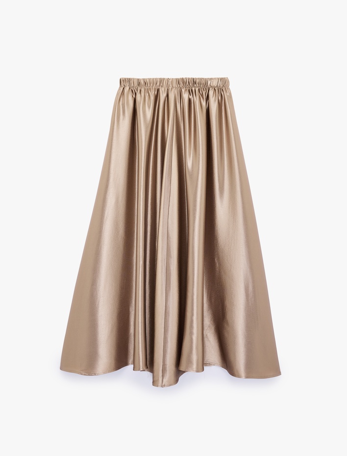  Viskon Beli Lastikli Midi Saten Kloş Etek