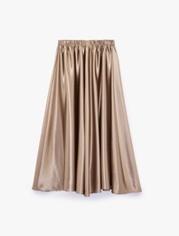 Viskon Beli Lastikli Midi Saten Kloş Etek