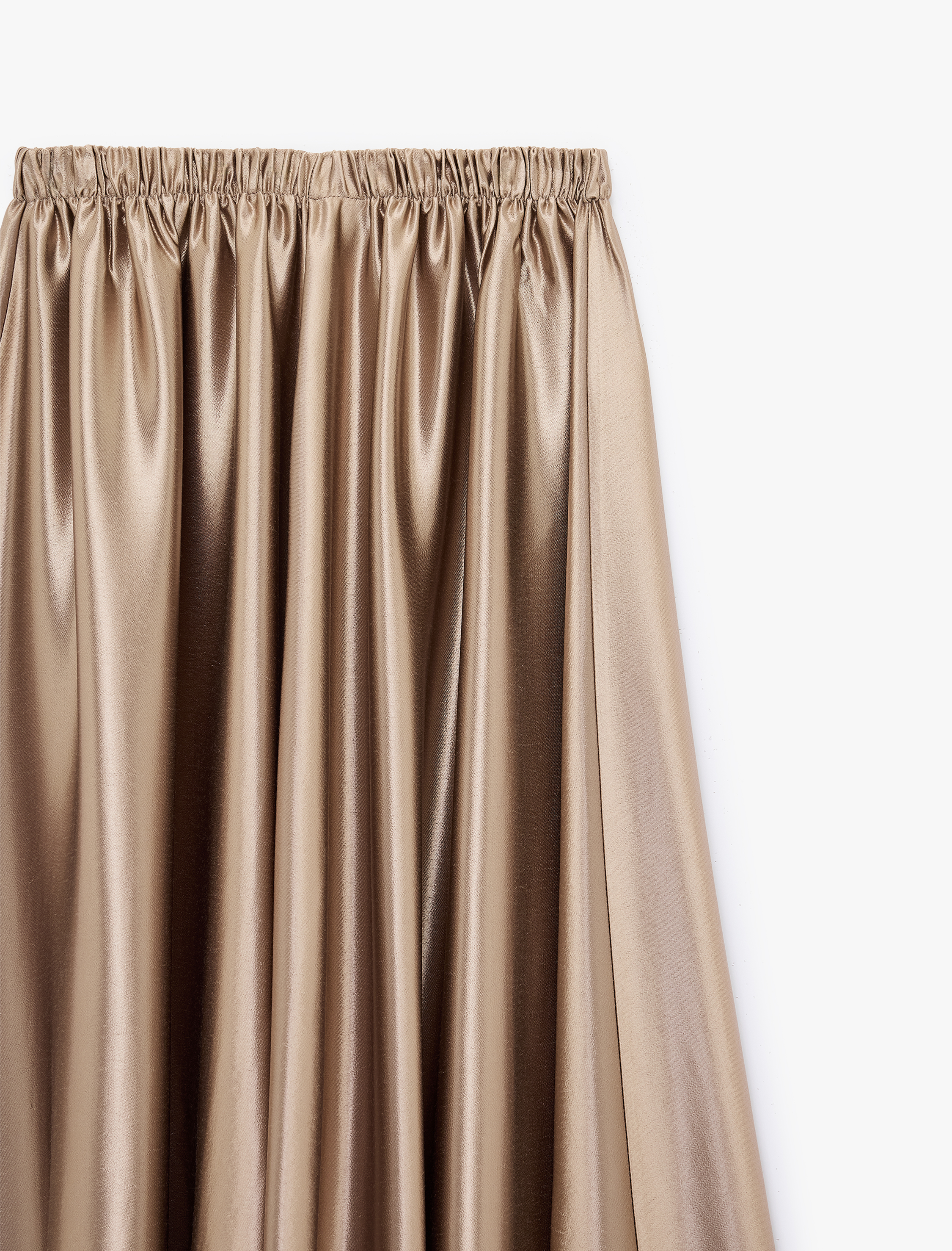   Viskon Beli Lastikli Midi Saten Kloş Etek