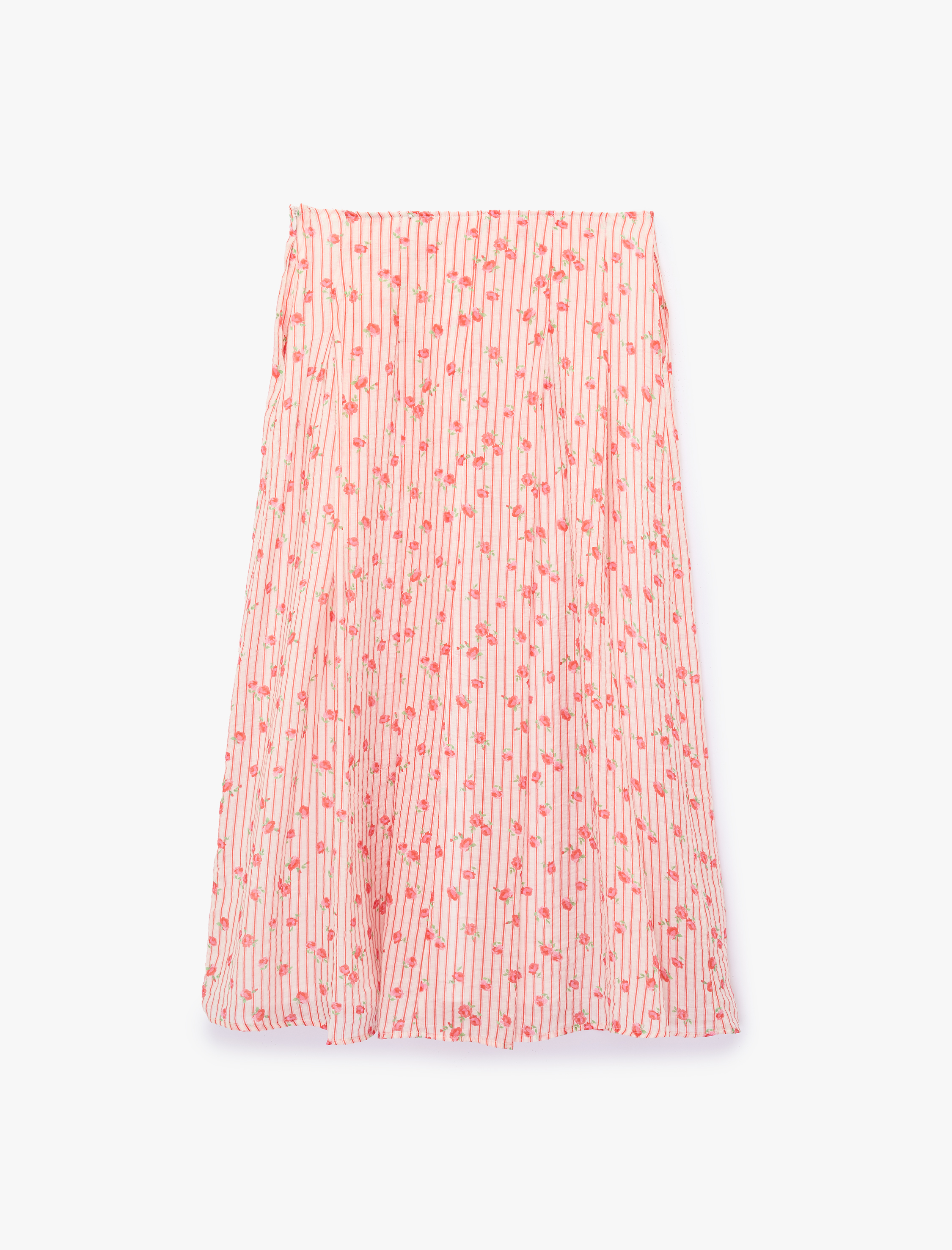   Çan Kesim Çizgili Çiçek Detaylı Midi Etek