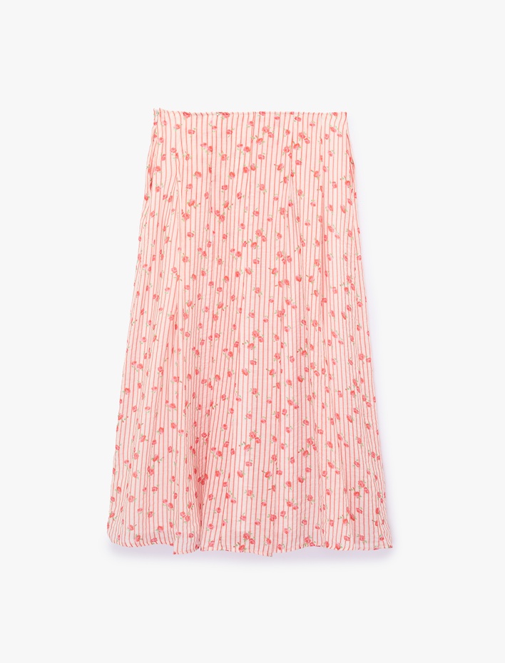  Çan Kesim Çizgili Çiçek Detaylı Midi Etek