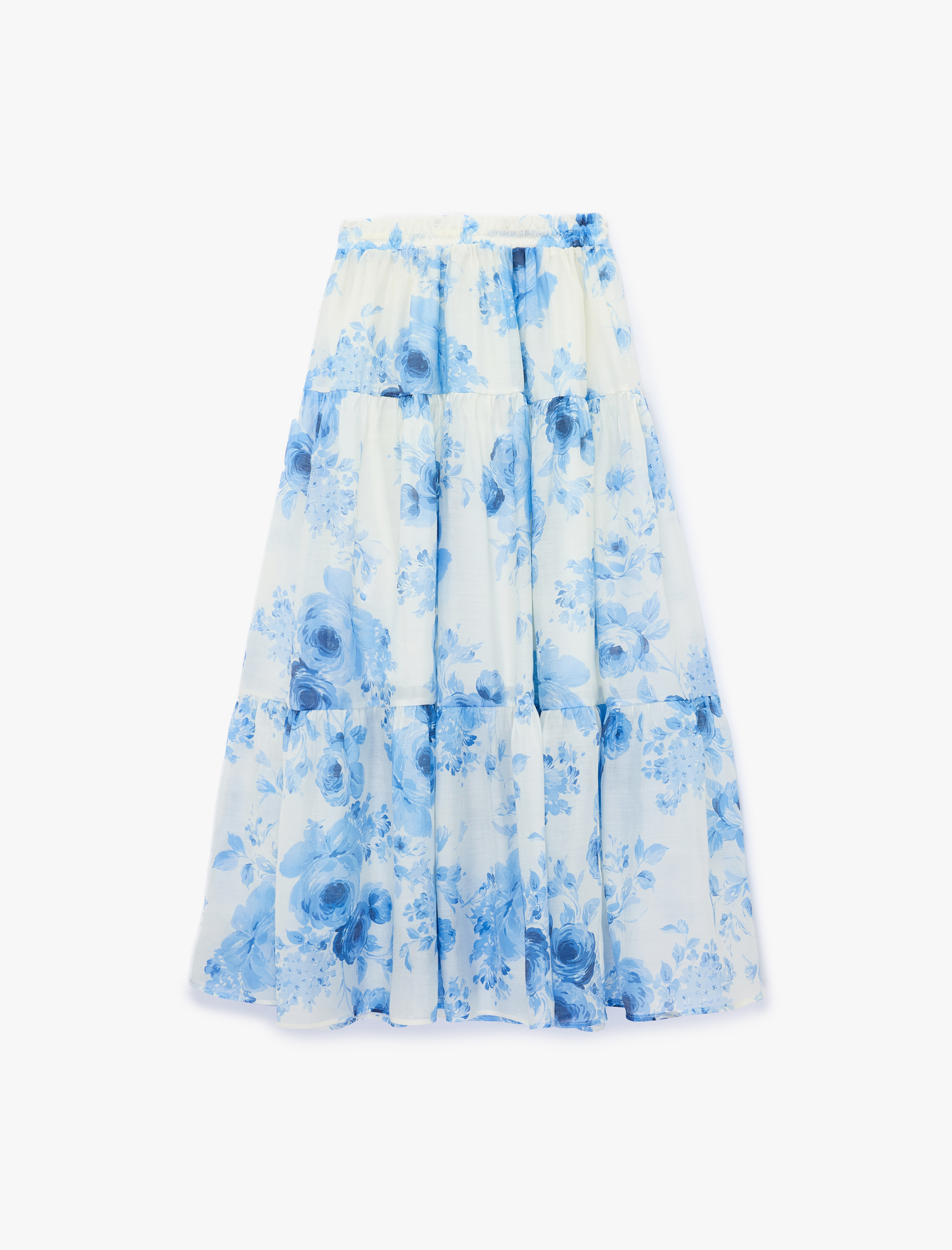   Bağcık Detaylı Katmanlı Çiçek Desenli Şifon Etek