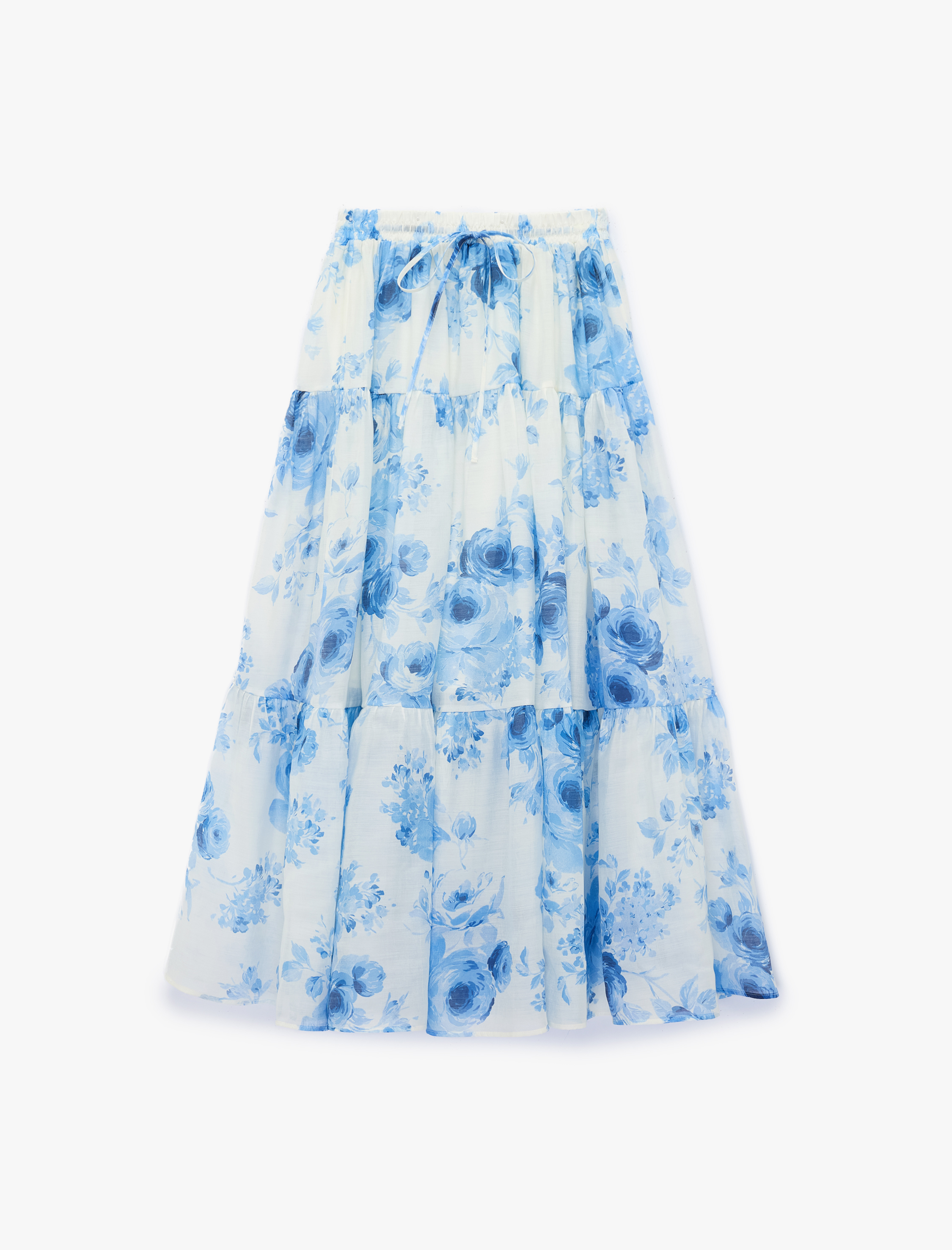   Bağcık Detaylı Katmanlı Çiçek Desenli Şifon Etek