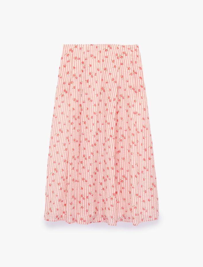  Çan Kesim Çizgili Çiçek Detaylı Midi Etek