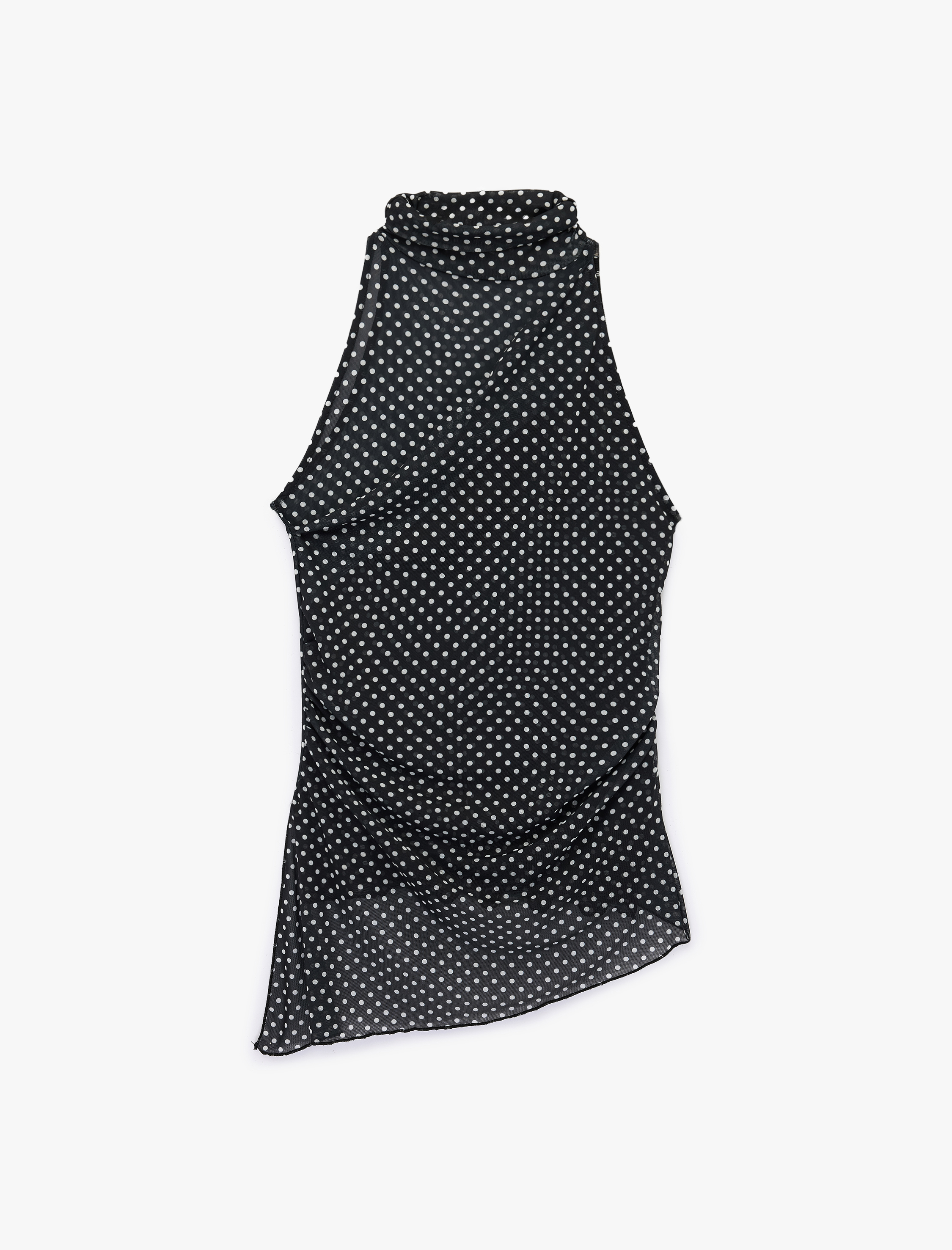   Slim Fit Asimetrik Kesim Kolsuz Dik Halter Yaka Puantiyeli Tül Bluz