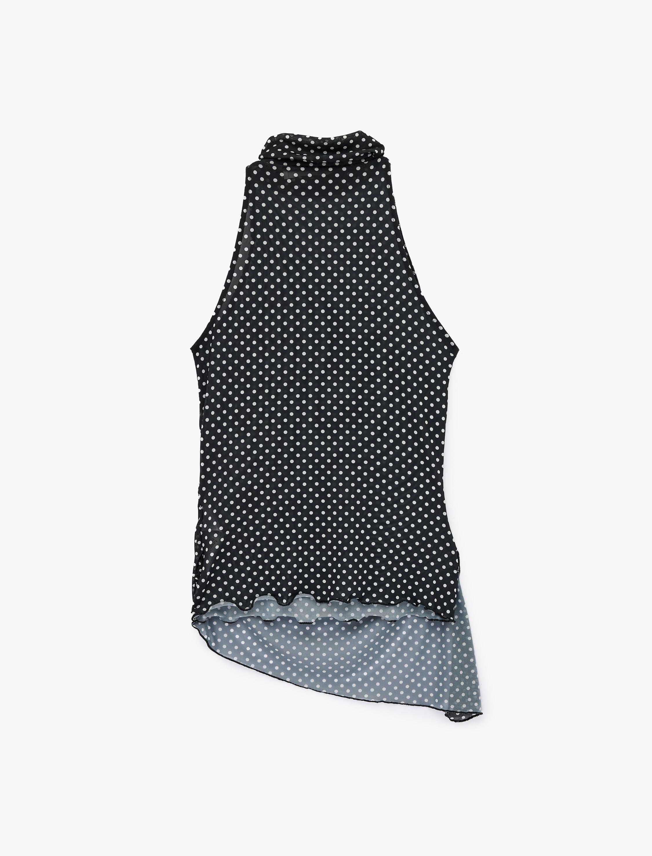   Slim Fit Asimetrik Kesim Kolsuz Dik Halter Yaka Puantiyeli Tül Bluz