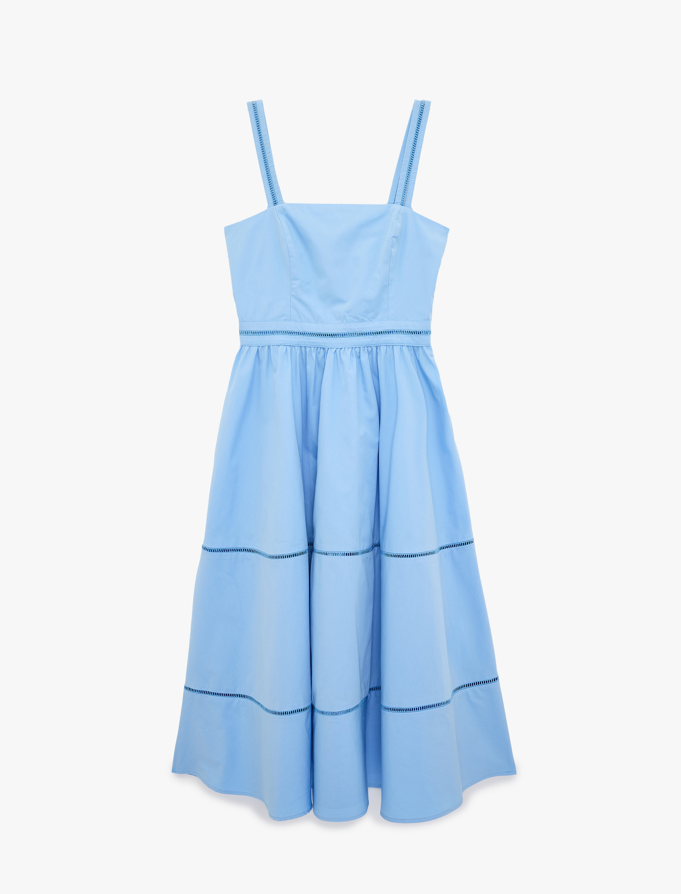   Pamuklu Brode Detaylı Poplin Kare Yaka Askılı Maxi Elbise