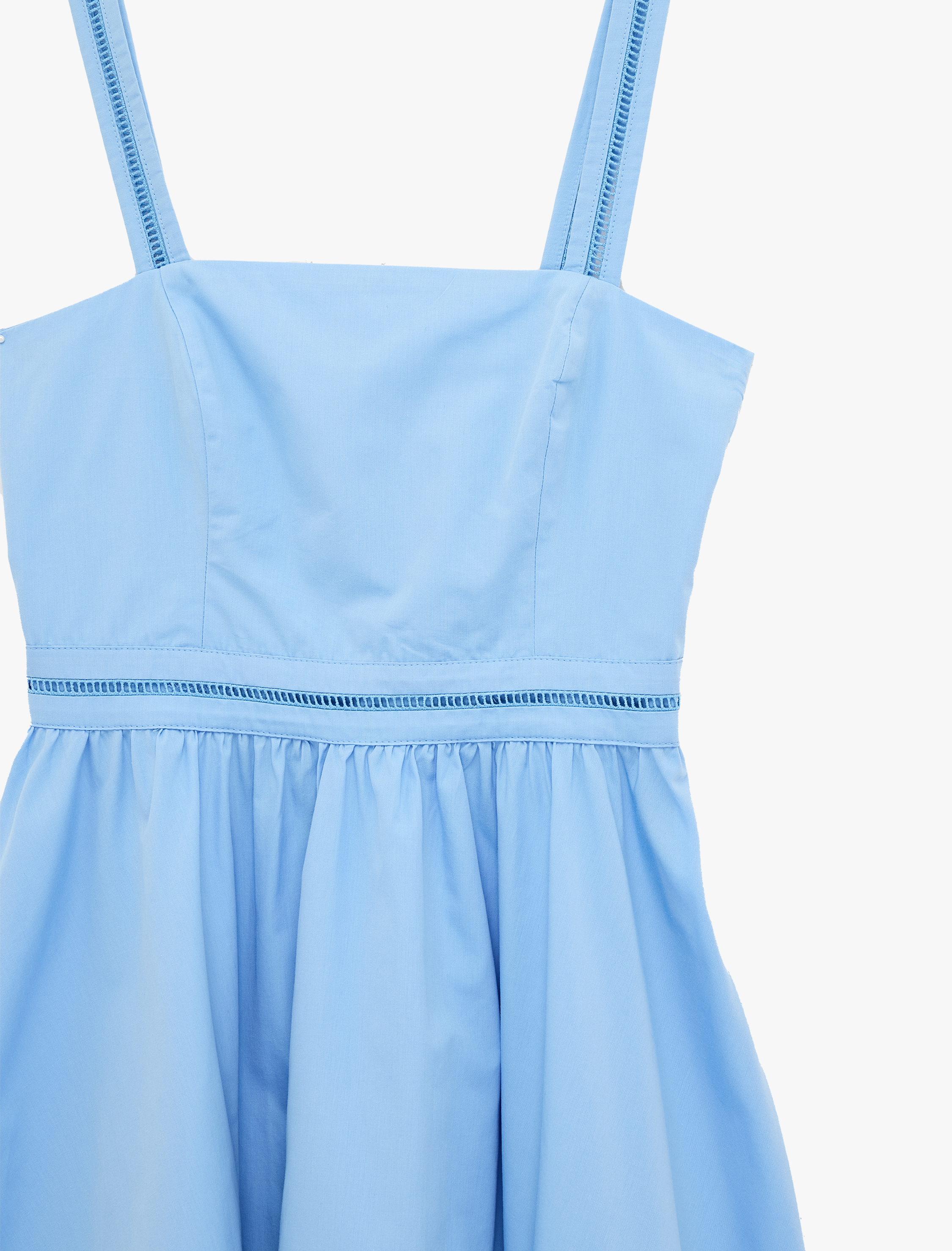   Pamuklu Brode Detaylı Poplin Kare Yaka Askılı Maxi Elbise