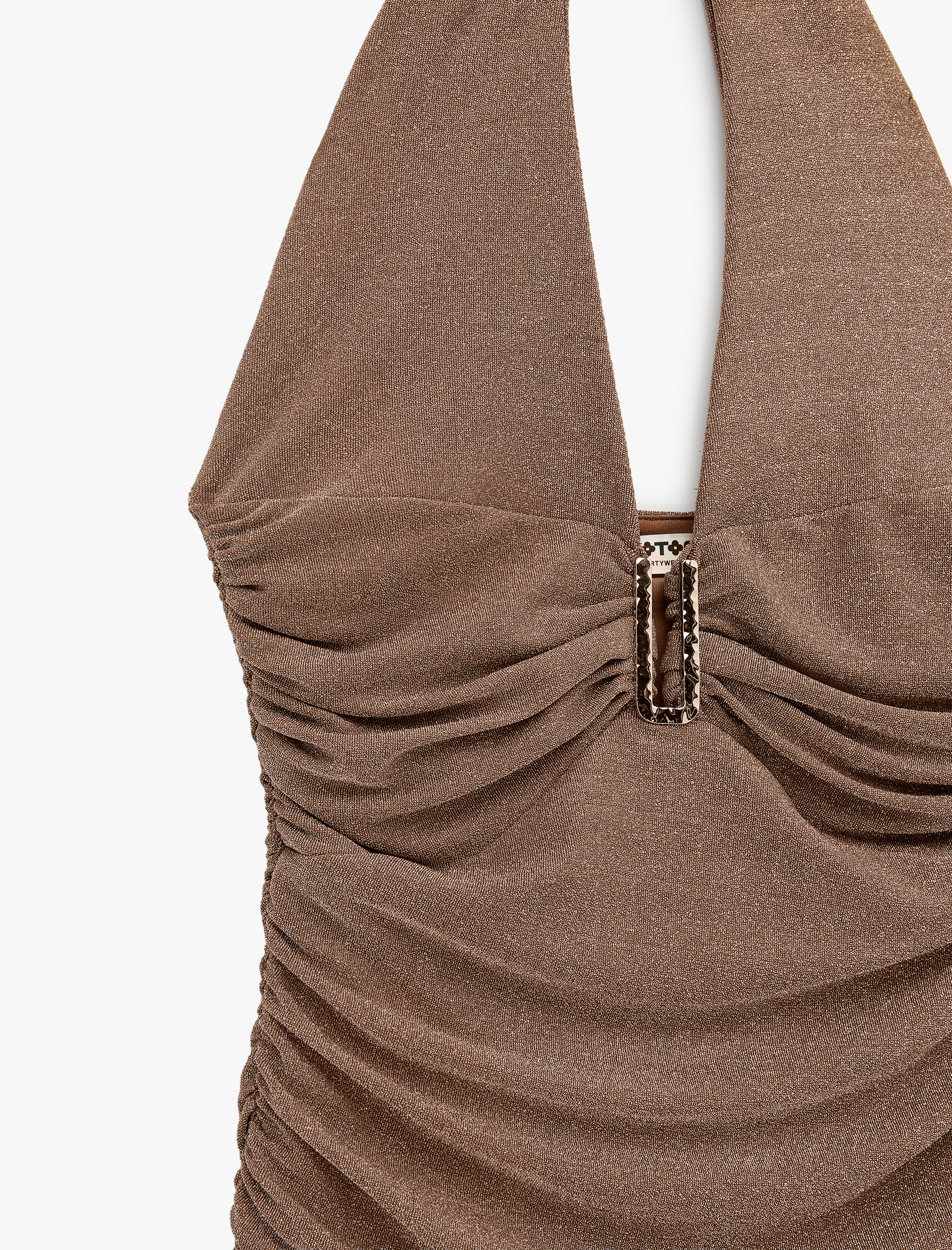   Metal Aksesuarlı Halter Yaka Kolsuz Drapeli Midi Abiye Elbise