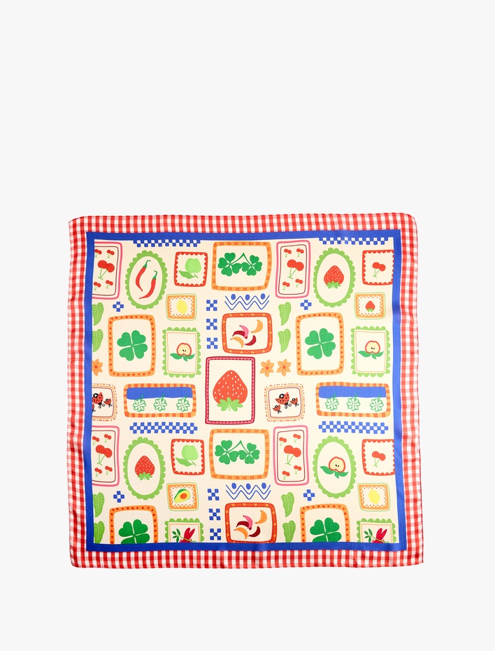 Kadın Çok Renkli Çilek Desenli Kare Saten Fular