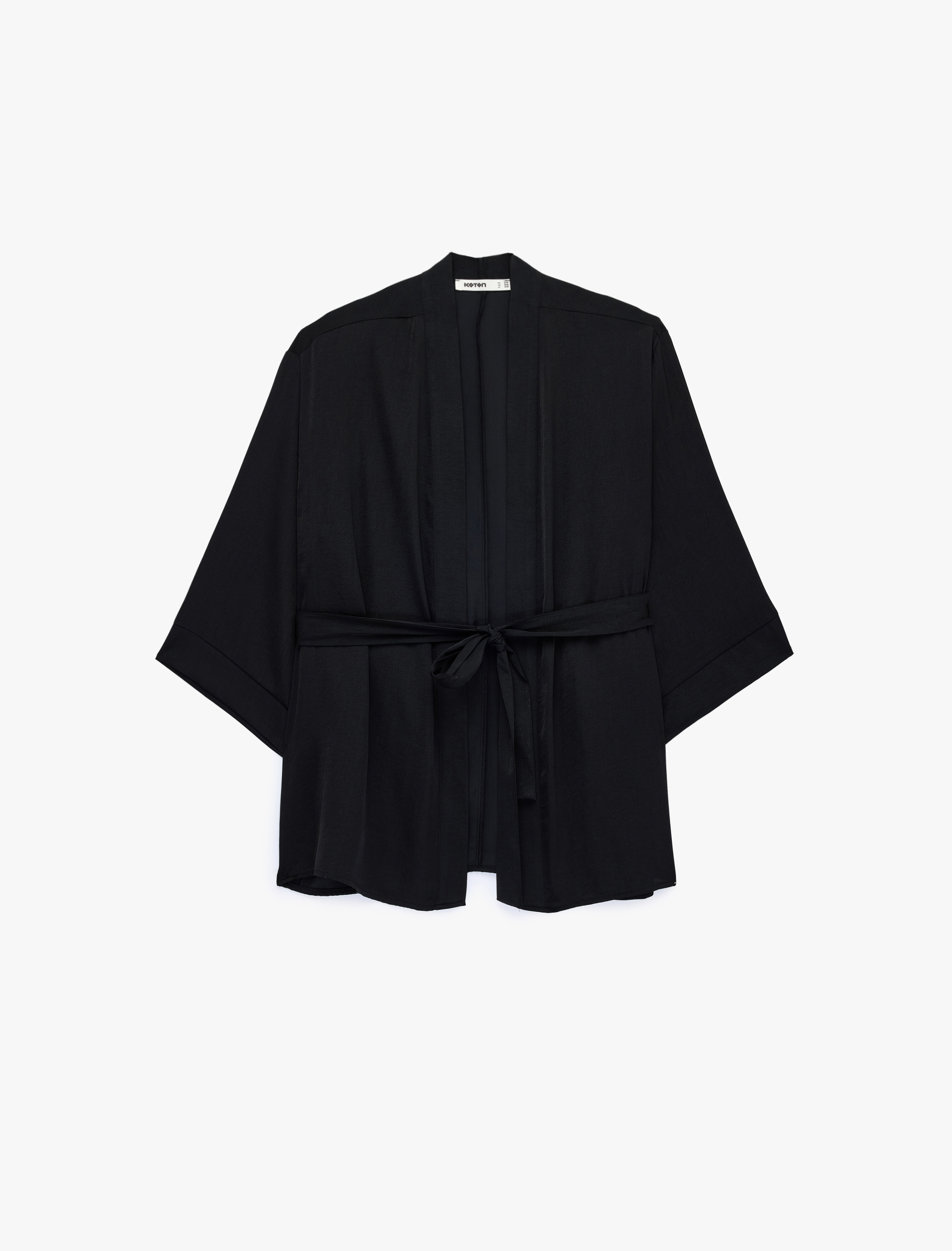   Aerobin Kumaş Kemerli Geniş Uzun Kollu Saten Kimono