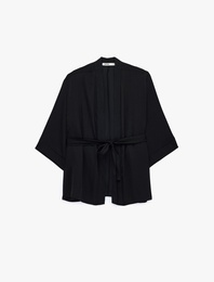 Aerobin Kumaş Kemerli Geniş Uzun Kollu Saten Kimono