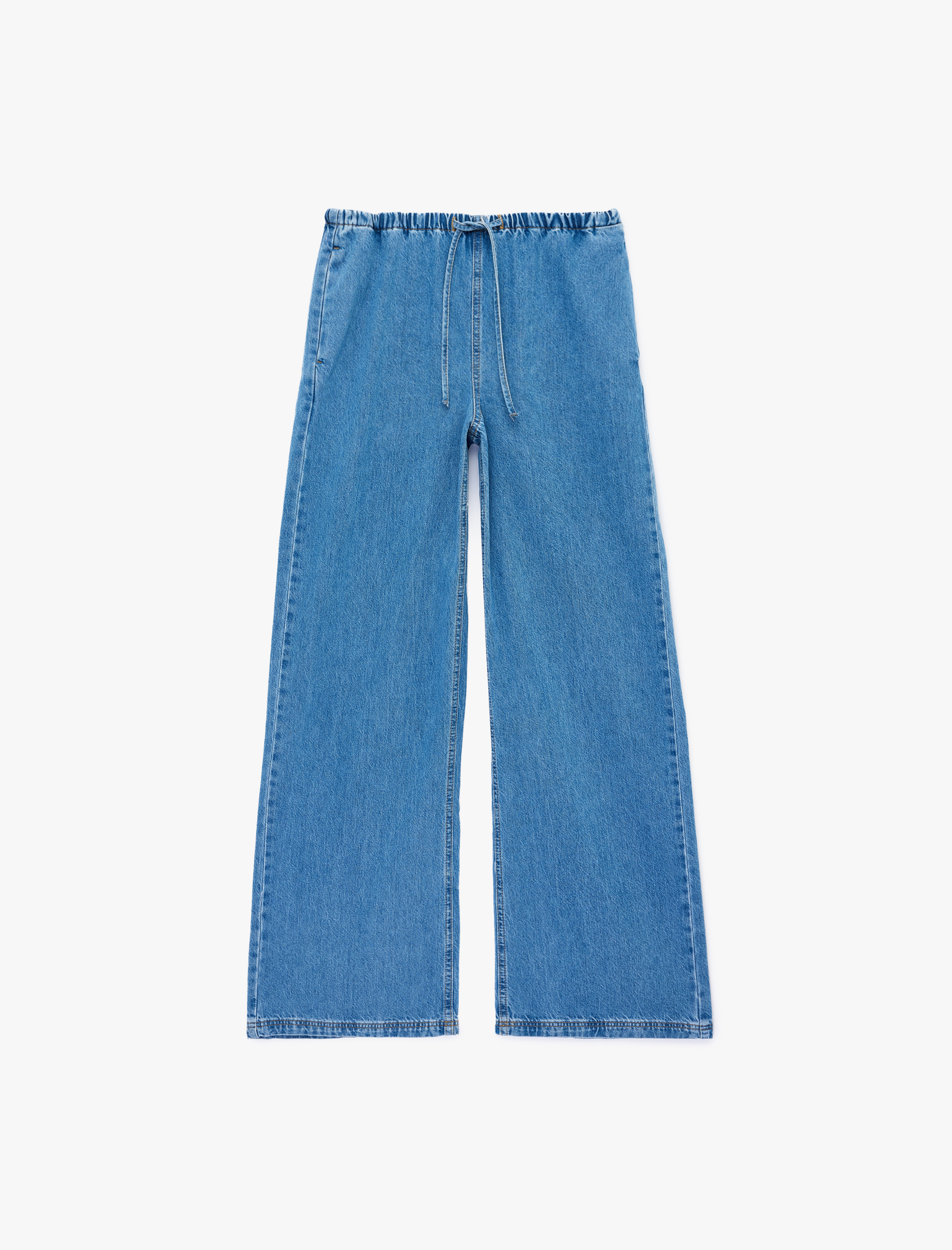   Beli Bağcıklı Cep Detaylı Bol Paça Denim Pantolon