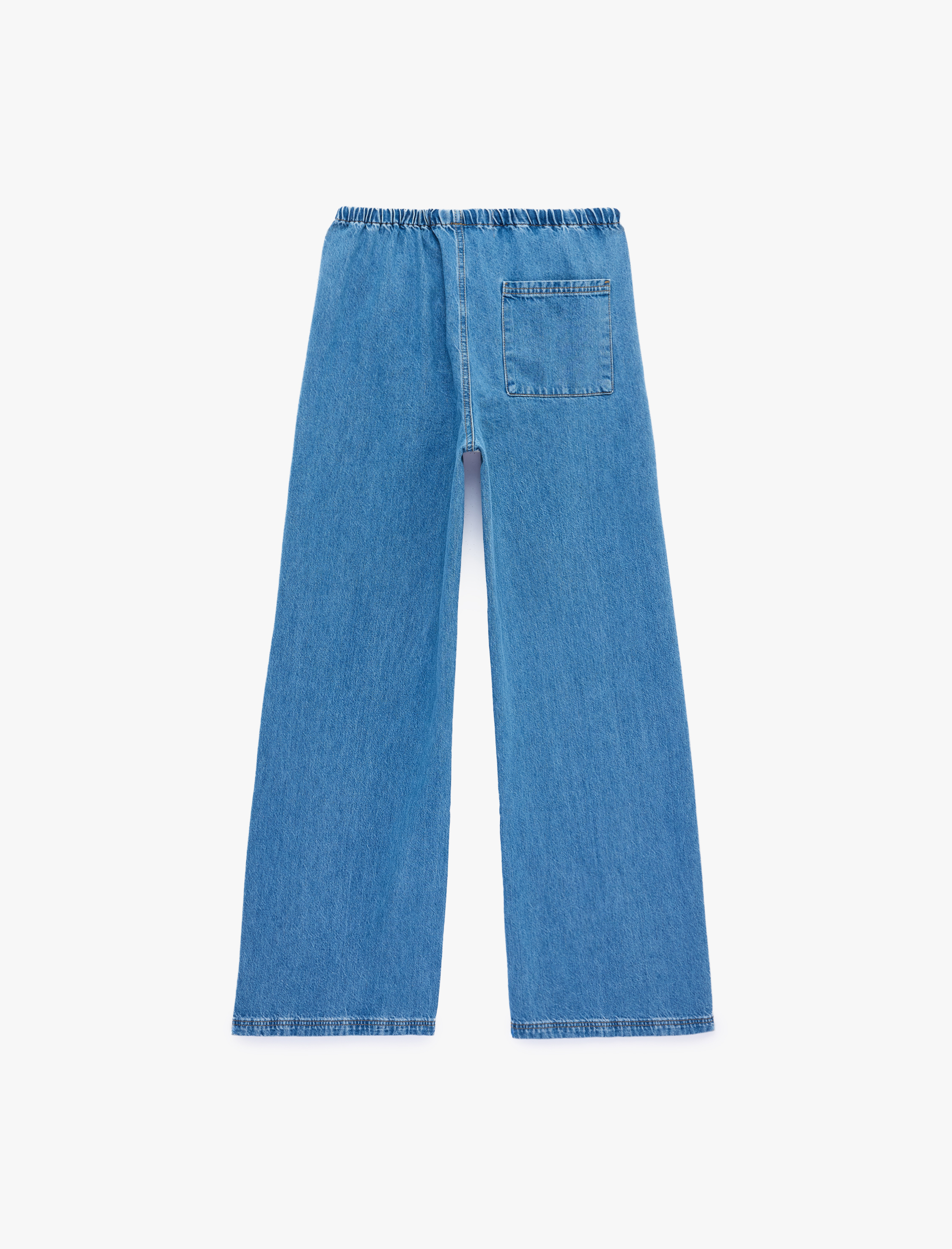   Beli Bağcıklı Cep Detaylı Bol Paça Denim Pantolon